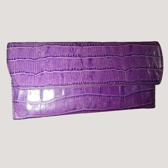 Leather Wallet Abas Lavender Purple Crocodile Embossed Snap Closure